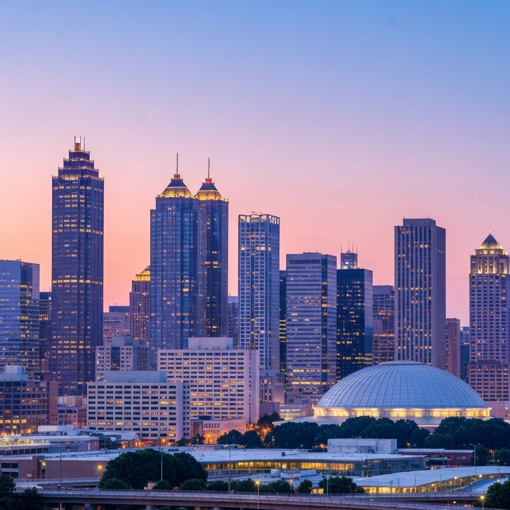 Atlanta, Georgia downtown skyline at sunset featuring iconic skyscrapers and city lights